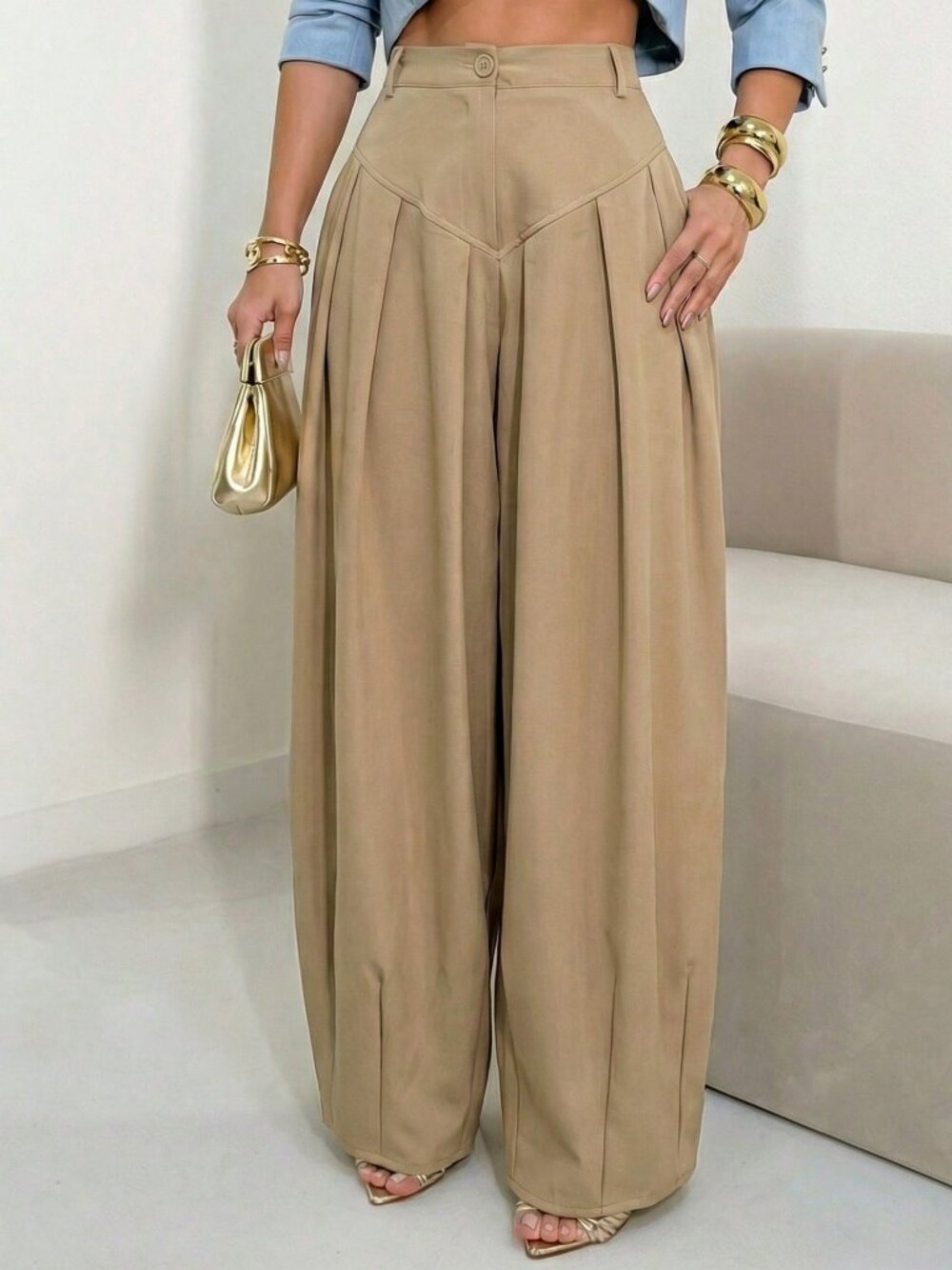 Khaki Casual Women's High Waist Zipper Front Carrot Pants - Picture 5 of 5